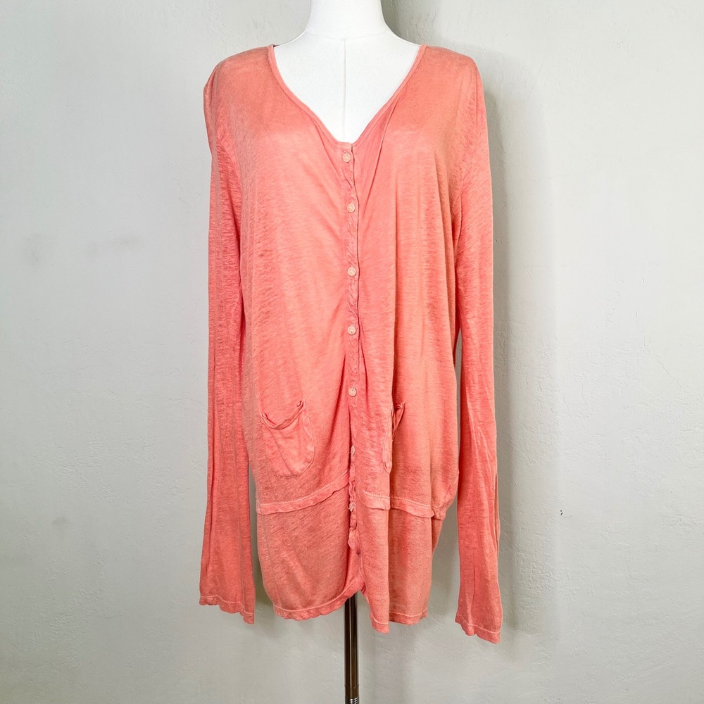 Pete&Greta Johnny Was Small 100% Linen Button Front Blouse Coral Top Slub Knit